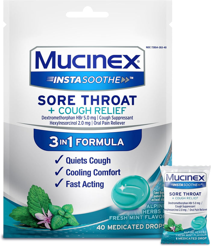 Mucinex Instasoothe Sore Throat Relief, Sore Throat Lozenges, Sore Throat Medicine with Hexylresorcinol, Cough Drops Alternative, 40 Elderberry & Wild Cherry Medicated Numbing Throat Drops
