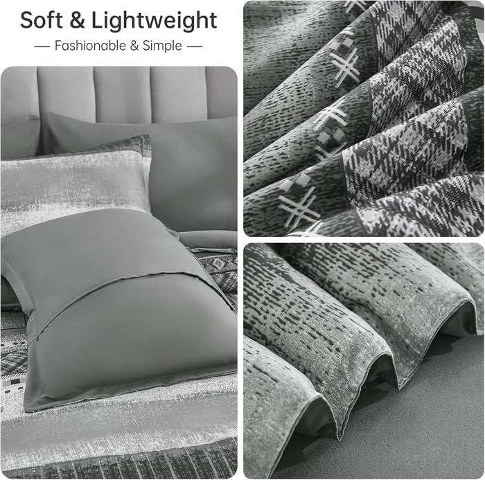 WONGS BEDDING 8 Piece Queen Size Comforter Set, Texture Striped Bed in a Bag Grey Comforter and Sheet Set, Boho Lightweight Microfiber Bedding Set for All Season (90"×90")