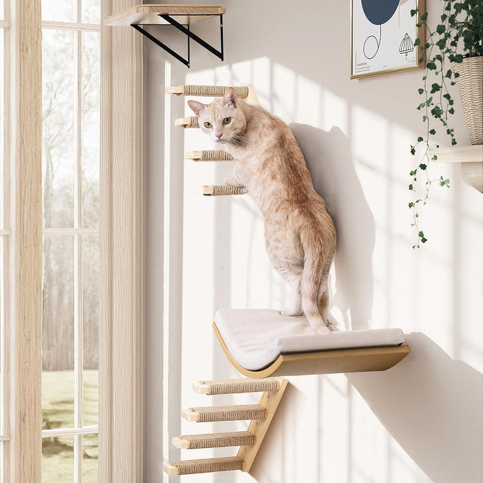 Cat Wall Shelf with Curved Hammock Bed, Wall Mounted Cat Perch with Beige Soft Foam Cushion, Floating Wall Furniture for Climbing, Sleeping & Lounging