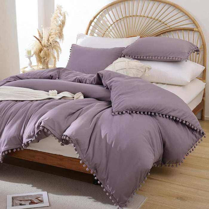 YIRDDEO Queen Comforter Set - Comforter Queen Size Sets with Ball Pom Fringe, Soft Bedding Set for All Seasons - 3 Pieces, 1 Comforter (90"x90") & 2 Pillow Shams (20"x26"), Taupe
