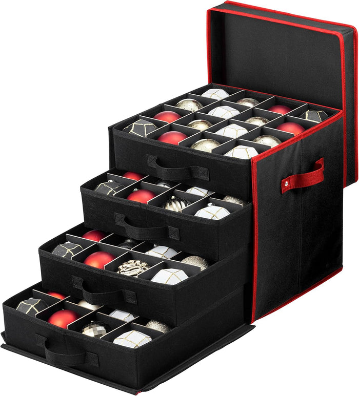 ZOBER Christmas Ornament Storage Box - Stores 128 3" Ornaments with Drawer Style Trays - Tear Proof 600D Oxford Fabric - Ornament Organizer Storage Box, Durable Christmas Containers Holder - Red