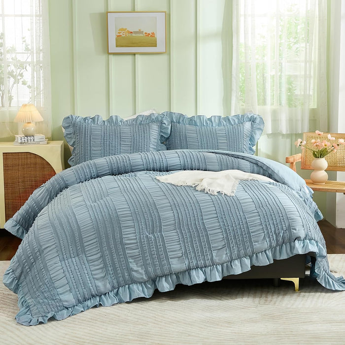 WONGS BEDDING White Queen Comforter Set,Boho Ruffle Comforter for Queen Bed,Soft Seersucker Shabby Chic Bedding Set with 1 Comforter,2 Tufted Pillowcases 90"×90"