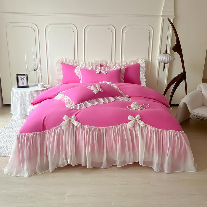 Ruffled Bedding Bow Duvet Cover Set with Butterfly Tie, Full Comforter Cover Set, Shabby Chic Bedding Set,Romantic French Princess Style -Yellow,Full