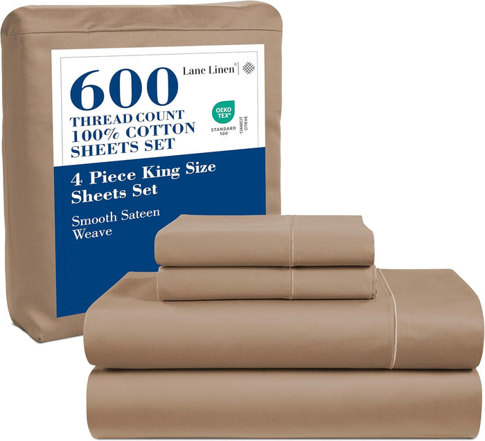 LANE LINEN 600 TC 100% Mercerized Cotton Machine Wash Full Size Bed Sheets Set, Fully Elasticized Fitted Sheet, European Closure Pillow Cases, Z Hem Top Sheet, Soft & Comfy Sheets- Charcoal