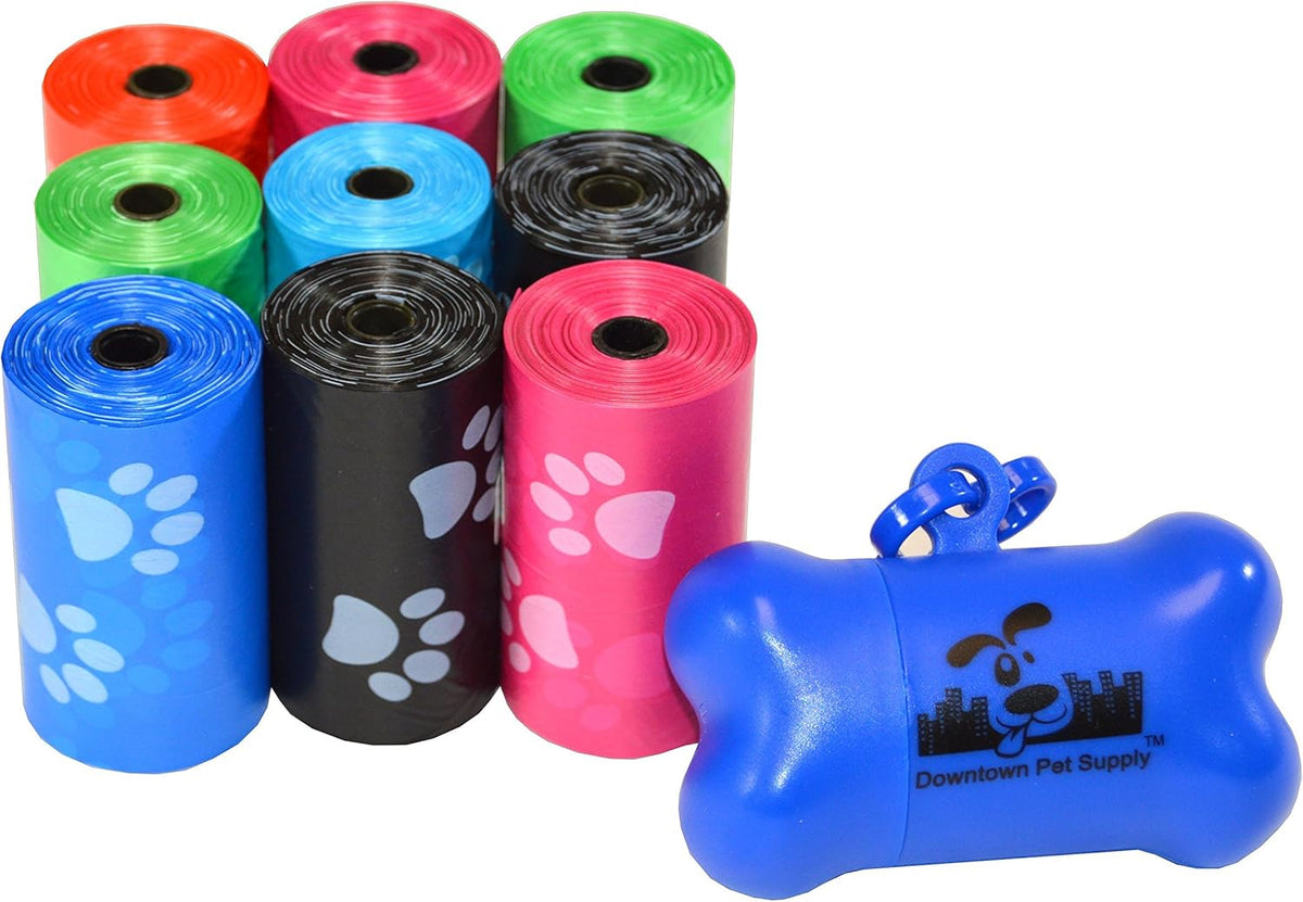 Downtown Pet Supply Dog Poop Bags with Dispenser – 1000 Count Leak-Proof Waste Bags, Eco-Friendly & Extra Strong, Easy Tear-Off Rolls with Bone-Shaped Holder – Rainbow with Holder, 12.5” x 8.5”
