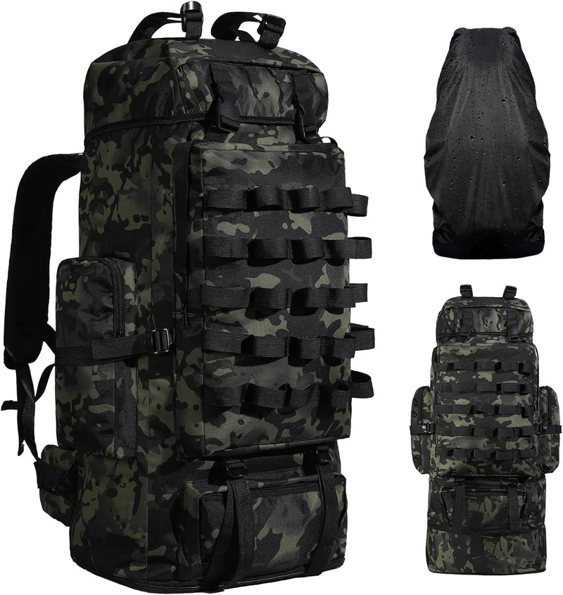 70L/100L Camping Hiking Backpack with Rain Cover, Expandable Large Military Tactical Backpack, Waterproof Molle Racksack Travel Backpacking Daypack for Climbing Trekking (Black)