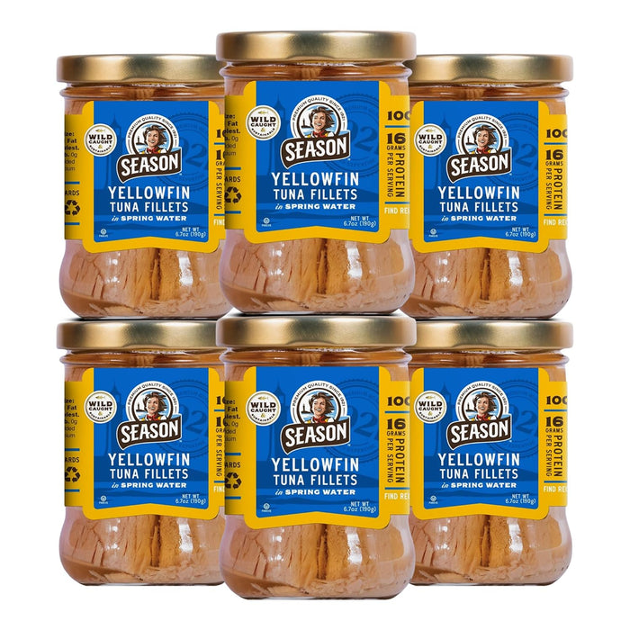 Season Yellowfin Tuna Fillets in Spring Water - Wild Caught, Hand-Packed in Glass Jars, 16g of Protein per Serving, Premium Quality - 6.7 Oz (Pack of 6)