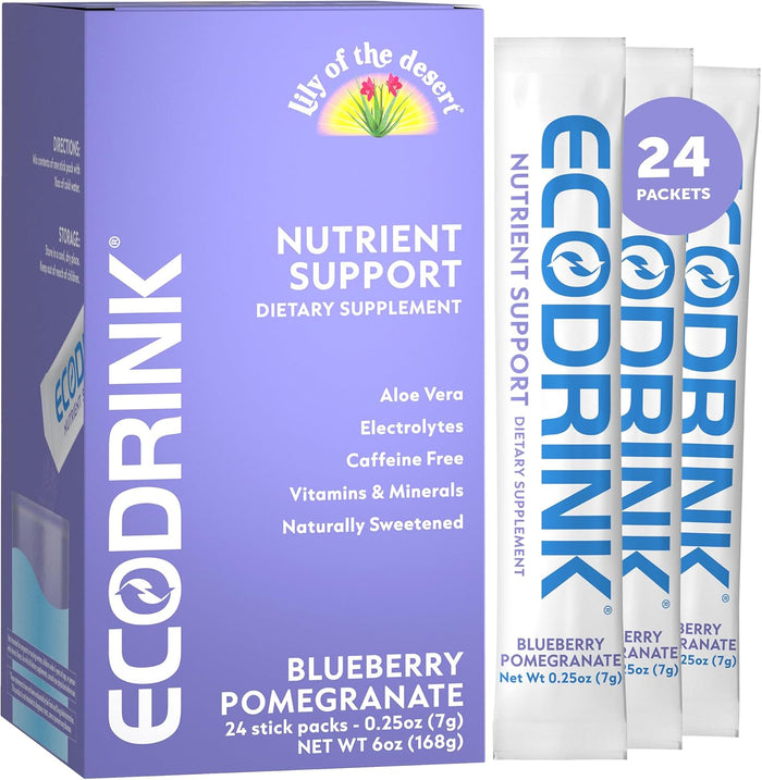 Lily of the Desert EcoDrink Nutrient Support Hydration Packets, Peach Mango – Naturally Sweetened Multivitamin Electrolyte Mix with Aloe, 24 Stick Packs/Box, 0.25 Oz Ea