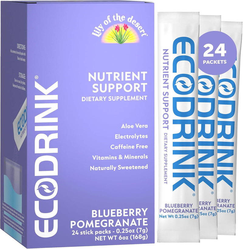 Lily of the Desert EcoDrink Nutrient Support Hydration Packets, Peach Mango – Naturally Sweetened Multivitamin Electrolyte Mix with Aloe, 24 Stick Packs/Box, 0.25 Oz Ea