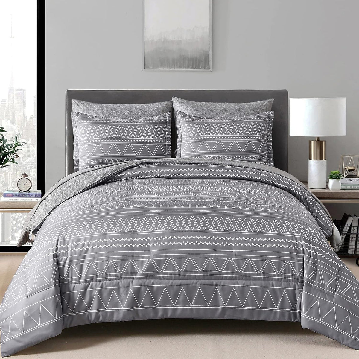 WONGS BEDDING Boho Comforter Set King Size,7 Pieces Grey White Geometric Bohemian Bed in a Bag Comforter Complete Striped Bedding Set for All Season with Sheets,Pillowcases & Shams Soft Microfiber