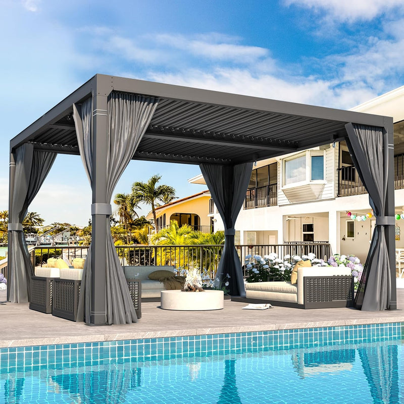 MELLCOM Louvered Pergola - 10x10 Aluminum Pergola with Adjustable Louvered Roof, Waterproof Curtains and Nets, Gray
