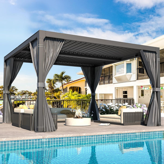 MELLCOM Louvered Pergola - 10x10 Aluminum Pergola with Adjustable Louvered Roof, Waterproof Curtains and Nets, Gray