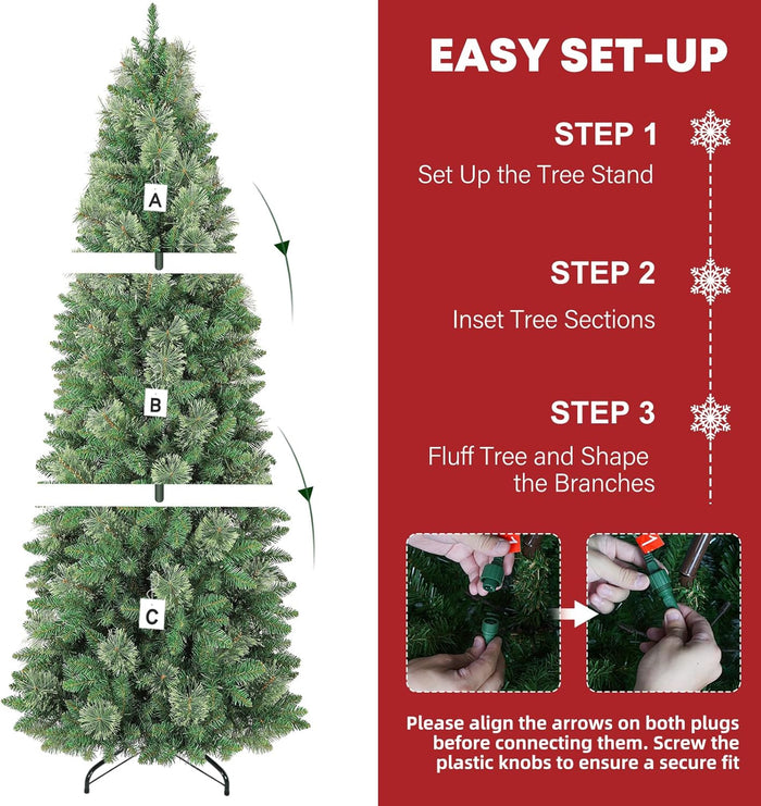 Hykolity 7.5 ft Prelit Artificial Pencil Slim Christmas Pine Tree with 792 PVC Branch Tips, 300 Warm White LED Lights, Metal Stand and Hinged Branches, Perfect for Home, Decoration
