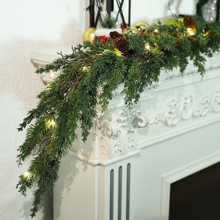 6ft Christmas Garland with LED Lights Artificial Cedar Cypress Garland with Pine Cones Garland for Home Fireplace Wall Indoor Outdoor Holiday Party Decoration