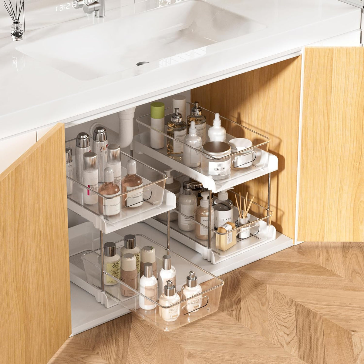 Vtopmart 4 Pack Bathroom Organizer, 2 Tier Clear Under Sink Organizers Vanity Countertop Storage Container,Cabinet Drawers Bins, Pull-Out Organization with Track for Pantry, Kitchen