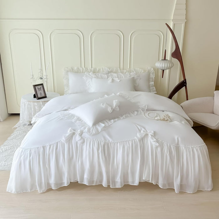 Ruffled Bedding Bow Duvet Cover Set with Butterfly Tie, Full Comforter Cover Set, Shabby Chic Bedding Set,Romantic French Princess Style -Yellow,Full
