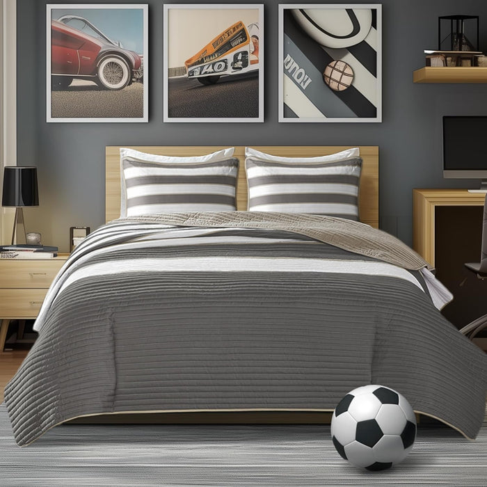 Comfort Spaces Quilt Set Trendy Casual Fun, Vibrant Color Design, Hypoallergenic All Season, Lightweight Coverlet Bedspread Cozy Kids Bedding & Sham Full/Queen Verone White Blue Stripe 3 Piece
