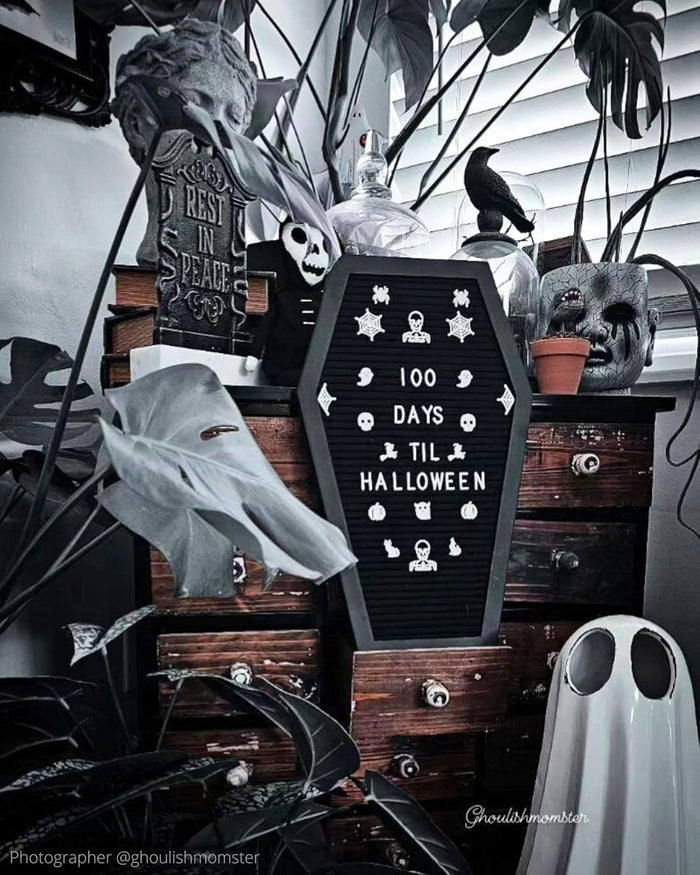 Coffin Letter Board Black +3D Bat Stickers +650 Characters, Spooky & Seasonal Emojis, Wooden Stand - 17x10.5 Inches - Coffin Shaped Goth Decor Sign Witchy Halloween Decorations Gothic Decor Birthday Wedding Home Spooky Gifts