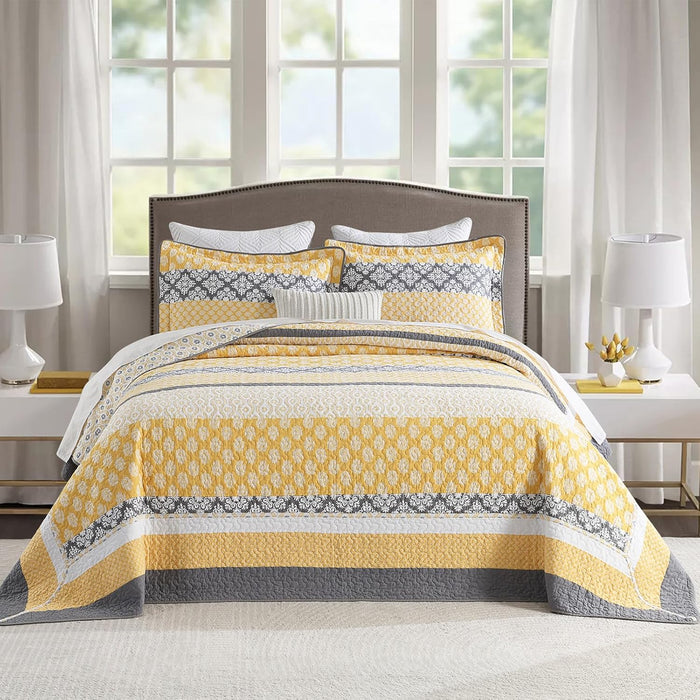 100% Cotton Oversized Quilt 120"x120", Extra Large King Bedspread, Farmhouse Botanical Bed Spreads Coverlet, Lightweight Quilted Bedding Cover, 3 Piece, Grayish Blue/Beige