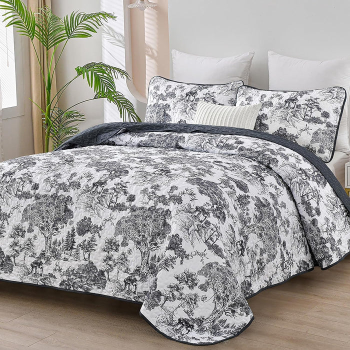 WONGS BEDDING Botanical Quilt Set Queen Size, Sage Green 3 Pieces Toile Floral Plants Printed Bedspread Bedding Set Soft Lightweight Microfiber Coverlet Set for All Season (96"x90")