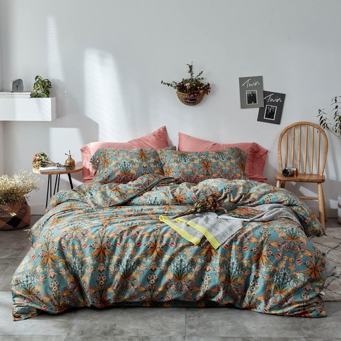 mixinni Vintage Style Garden Flower Queen Duvet Cover with Zipper Closure Soft Long Staple Percale Cotton Vibrant Pattern on Flower Bedding Quilt Cover Set(Queen, All Season)
