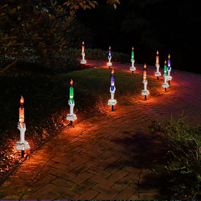 Dazzle Bright Halloween Decorations, 5 Pack Lighted Battery Operated Skeleton Hands Hold Candle with Stakes, Pathway Decor for Indoor Outdoor Party Home Garden