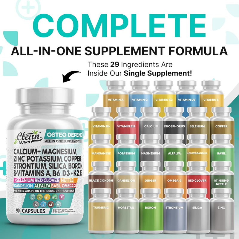 Allin1 Calcium Magnesium Zinc Supplement with Potassium, Copper, Strontium, Silica, Vitamin D3 K2, Boron, Vitamin B1 B12 Red Clover Herb Alfalfa Basil Pills for Men & Women Clean Nutra Osteo Defend