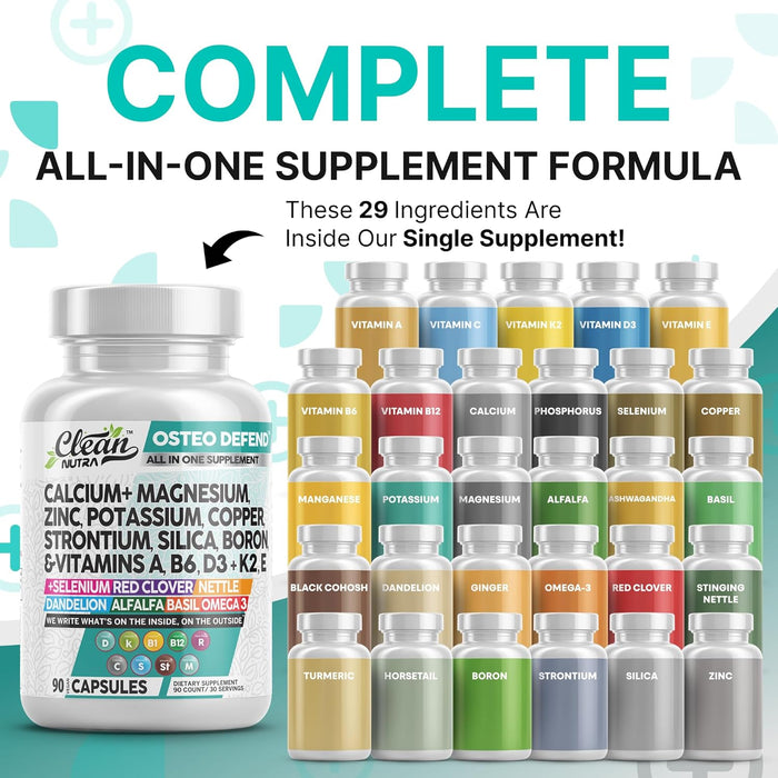 Allin1 Calcium Magnesium Zinc Supplement with Potassium, Copper, Strontium, Silica, Vitamin D3 K2, Boron, Vitamin B1 B12 Red Clover Herb Alfalfa Basil Pills for Men & Women Clean Nutra Osteo Defend