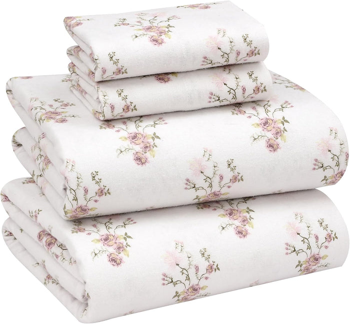 RUVANTI Flannel Sheets Full Size - 100% Cotton Double Brushed Bed Sheets Set, Deep Pockets 16 Inches, All Seasons Breathable & Extra Soft Full Sheets, Warm & Cozy, 4 Piece, Jasmine Stamp Cream