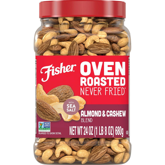 Fisher Oven Roasted Never Fried Mixed Nuts with Peanuts, 24 Ounces (Pack of 1), Peanuts, Almonds, Cashews, Pistachios, Pecans, Trail Mix, Healthy Snacks for Adults, Made With Sea Salt, No Added Oils