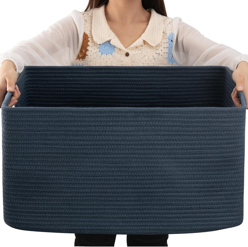OIAHOMY 75L Large Woven Cotton Rope Storage Basket with Handle for Organizing Blanket and Toys for Living Room, Nursery, Brown Variegated 22”x17”x12”