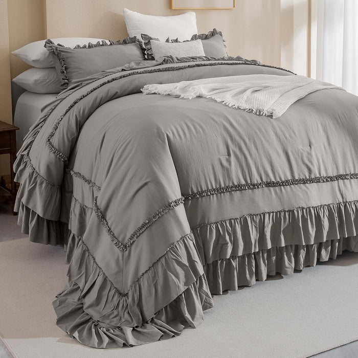 Queen's House Light Blue Farmhouse Ruffled King Size Comforter Set,Lightweight Microfiber Inner Fill Fluffy Boho Chic Bedding Comforter,Ultra Soft Microfiber Inner Fill Bedding