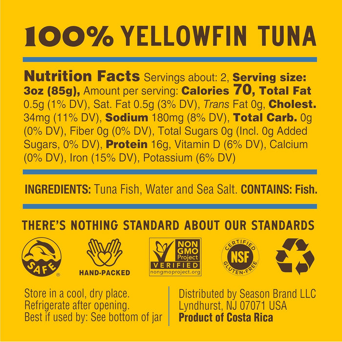 Season Yellowfin Tuna Fillets in Spring Water - Wild Caught, Hand-Packed in Glass Jars, 16g of Protein per Serving, Premium Quality - 6.7 Oz (Pack of 6)