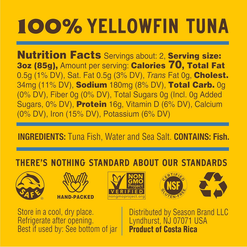 Season Yellowfin Tuna Fillets in Spring Water - Wild Caught, Hand-Packed in Glass Jars, 16g of Protein per Serving, Premium Quality - 6.7 Oz (Pack of 6)