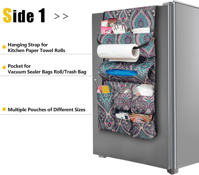 Mini Fridge Organizer, Dust Cover with 14 Pockets for Most Household Refrigerators, Hanging Mini Fridge Caddy Organizer Storage Bag for Dorm, Office, Kitchen, Home, School, Flowers