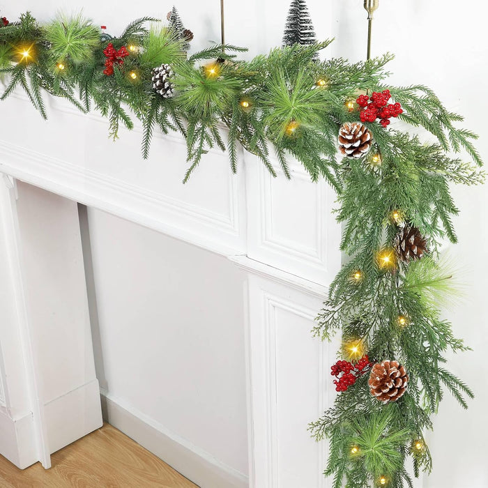 6 Ft Pre-lit Christmas Garland with Lights Timer, Real Touch Norfolk Pine Garland Green Cedar Garlands Pine Needle Cypress Leaves Pinecone Red Berries Lighted Garland for Fireplace Table Xmas Decor