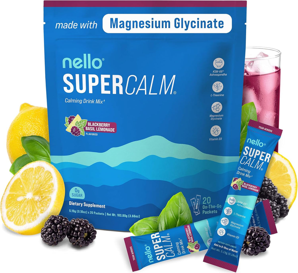 Supercalm Powdered Drink Mix, Raspberry Lemonade, L Theanine, Ksm-66 Ashwagandha, Magnesium Glycinate, Vitamin D 3, Supplements for Relaxation & Focus, No Sugar, Non GMO, On The Go, 20 Ct