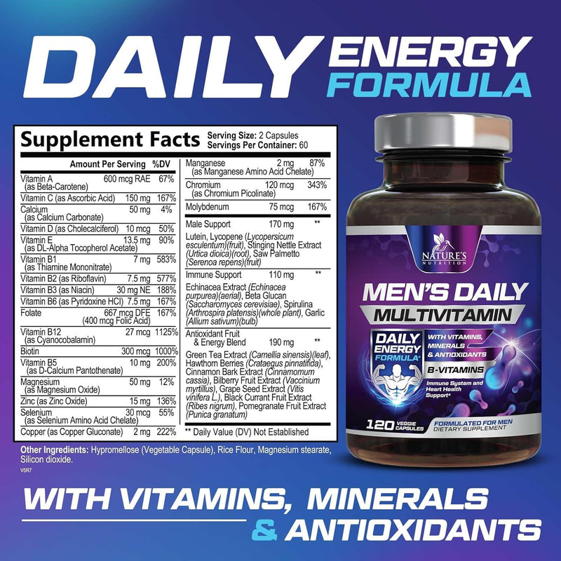 Multivitamin for Men - Vitamin A, C, D, E, Zinc, Calcium, Multivitamins for Immune Health Support, Vitamin B12, Men’s Daily Multivitamin Supplement Capsules, Non-GMO Mens Multi Vitamins - 120 Capsules