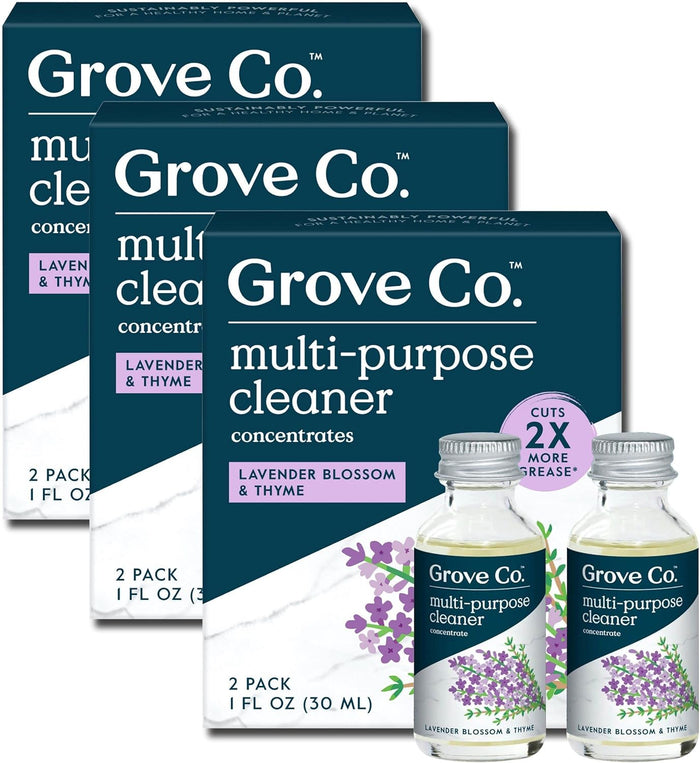 Grove Co. Multi-Purpose Cleaner, Refill Concentrate (2 x 1 Oz) + Glass Spray Bottle (16 Oz), Plant-based Household Cleaning Supplies Bundle, No Plastic Waste, Natural Lavender Blossom & Thyme Scent