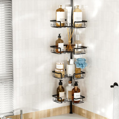 Corner Shower Caddy Tension Pole Adjustable 29–124 Inch, 4 Tier Rustproof Shower Organizer Shelf Rack, Quick Installation Bathroom Storage Shower Caddy Corner Pole, Black