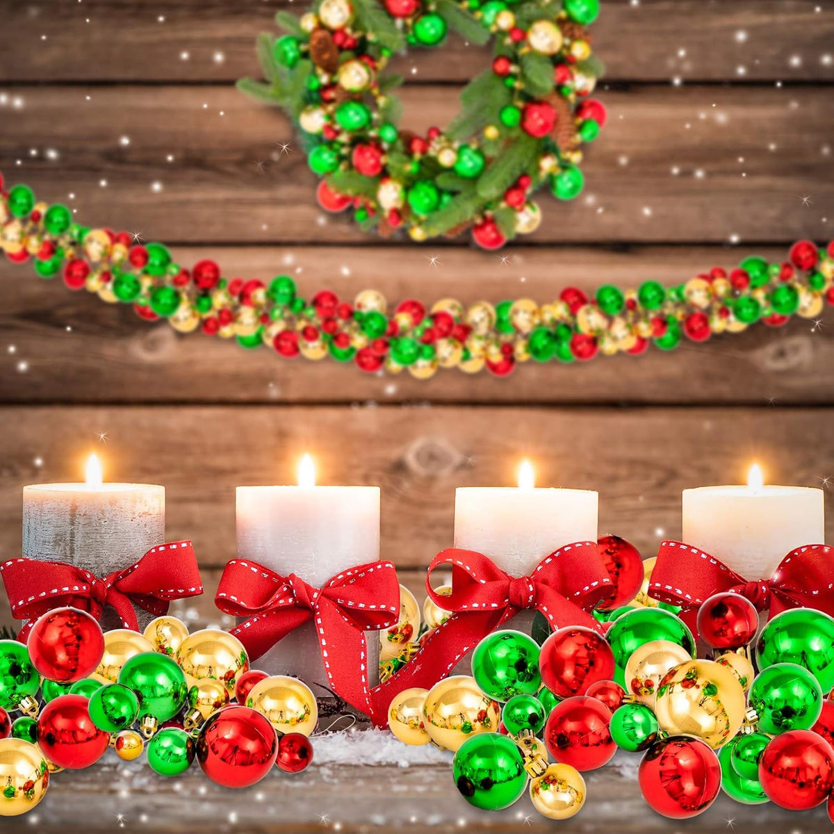 Whaline Christmas Ball Garland Ball Ornament 6ft Bauble Garland Christmas Tree Ball Decoration Shatterproof Ball Ornaments for Xmas Party Supplies, Indoor Outdoor Home Office, Red Green Gold