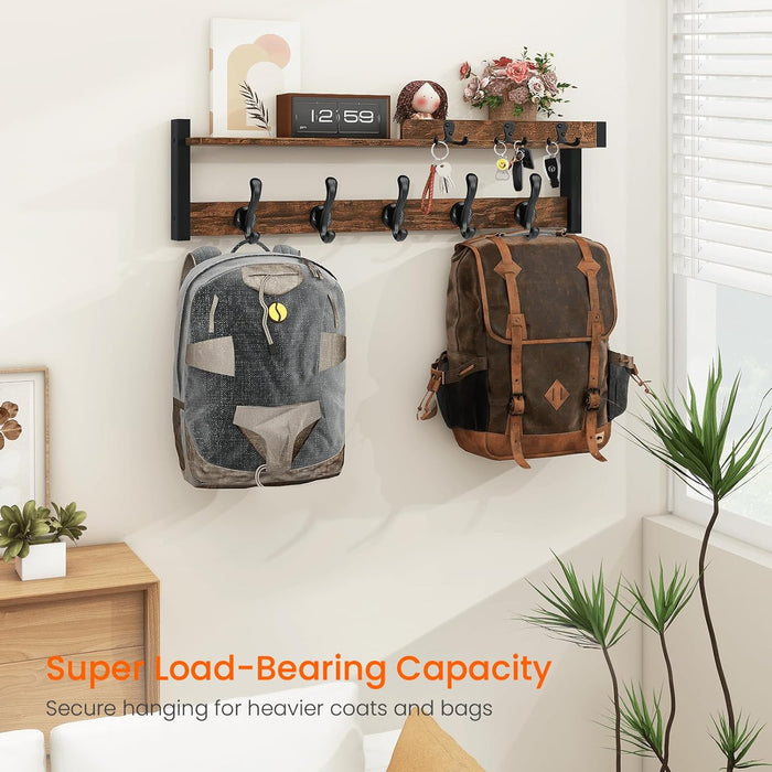 Homode Coat Rack Wall Mount with Shelf, Entryway Coat Hanger with Key Hooks and Mail Holder, 29 Inch Wood Floating Shelf with Hooks and Storage, Key Holder Mail Organizer, Rustic Brown