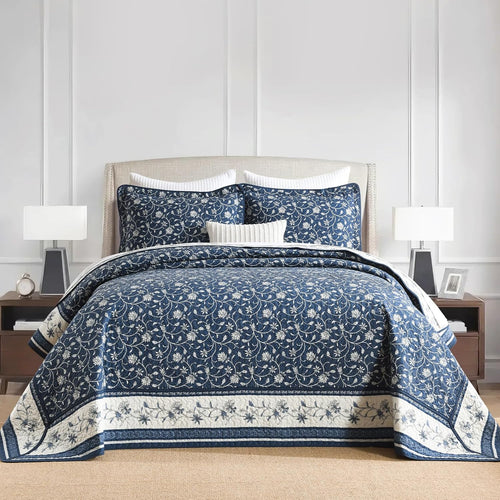 100% Cotton Oversized Quilt 120"x120", Extra Large King Bedspread, Farmhouse Botanical Bed Spreads Coverlet, Lightweight Quilted Bedding Cover, 3 Piece, Grayish Blue/Beige