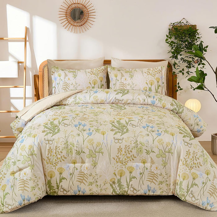 Yiran King Size Comforter Set 7 Piece, Dark Green Floral Bedding Set, Bed in a Bag King with Botanical Flowers Pattern, Soft Microfiber Complete Bedding Set with Sheets for All Season