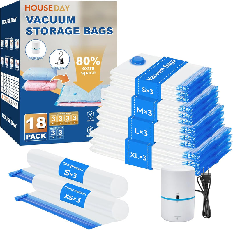 HOUSE DAY 30 Pack Vacuum Storage Bags with Electric Pump, 4 Sizes + 2 Roll-Up (5 Each), Space Saver Vacuum Seal Bags for Clothing, Bedding, Pillows, Travel – Airtight Seal, Reusable & Durable