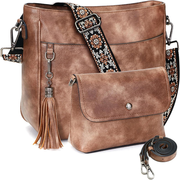 Blucoay 2PCS Crossbody Bags Purses for Women Set,Vegan Leather Hobo Bags Wallet Set,Shoulder Handbags With 2 Adjustable Strap