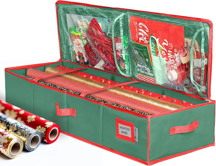 HOLDN’ STORAGE Premium Wrapping Paper Storage Container - Durable 600D Tear-Proof, Fits 27 Rolls Gift Wrap, Extra Pockets for Ribbons & Bows, Underbed Storage - Ideal for Holiday Christmas, Gray
