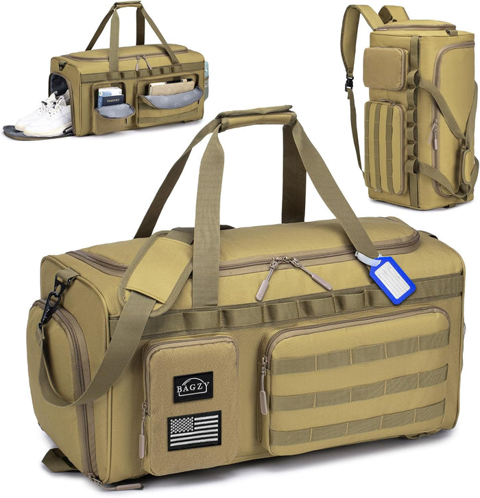 3 In 1 Tactical Military Travel Duffle Bag 40L with Shoe Compartment Gym Bag Backpack for Fitness Weekender Deployment Workout Black