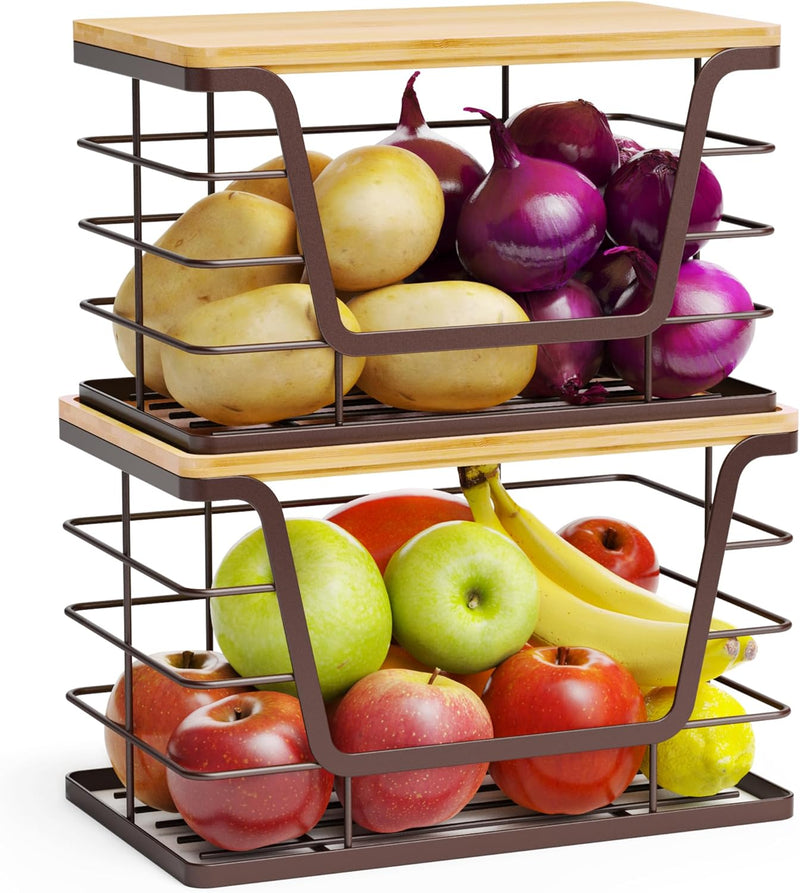ALOCEO 2 Pack Storage Stackable Kitchen Laundry Organizers with Bamboo Top, Large Trash Bag Holder and Small Garbage Bag Dispenser for Countertop Organization