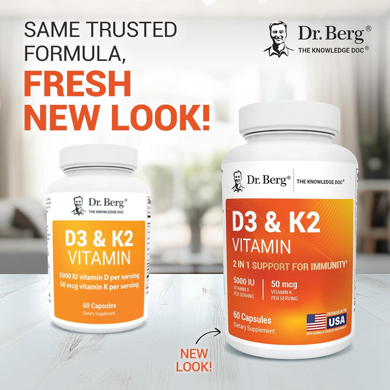 Dr. Berg Maximum Strength 7-in-1 Vitamin D3 K2 5000 IU | Naturally Derived D3 | 4X Lab-Tested & Verified | High Absorption Formula | K2 D3 Vitamin Supplement - 60 Capsules